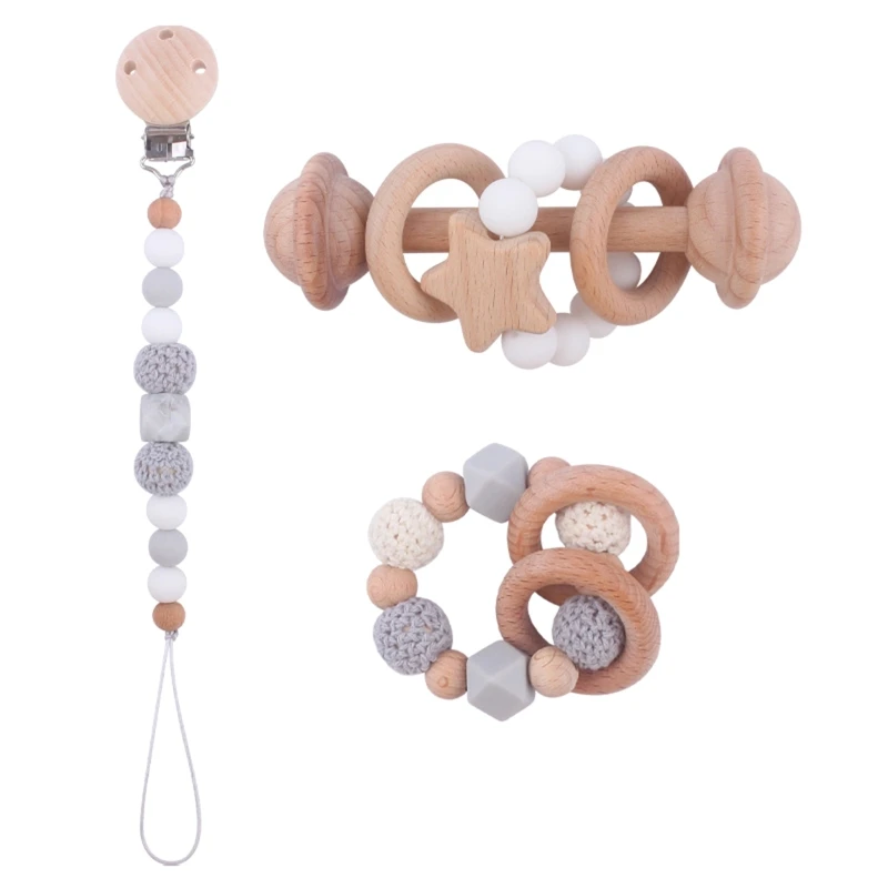 

3pcs/set Newborn Baby Girl Boy Shower Gift Infant Pacifier Clips Beech Wooden Teether Bracelet Bead Handbell