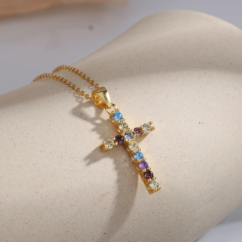 

New 925 Sterling Silver Cross Necklace Shiny Color Zircon Charm Choker Clavicle Chain Party Gift For Ladies Exquisite Jewelry