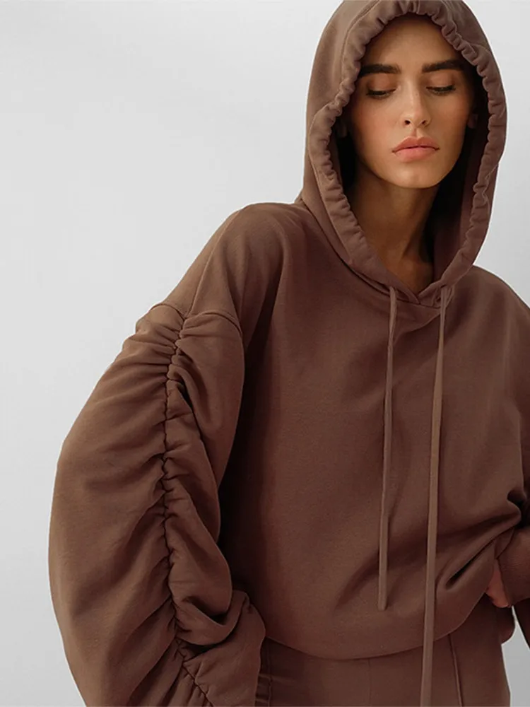 

Толстовка женская оверсайз с капюшоном, однотонный пуловер со складками и длинным рукавом, модная рубашка, топ свободного покроя, уличная о...