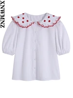 xnwmnz women fashion embroidered poplin shirt female lapel short puff sleeves sweet summer blouse 2022 new chic button up top