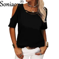summer women sexy hollow out off shoulder t shirts solid color casual short sleeve o neck pullovers tops fashion street t shirts