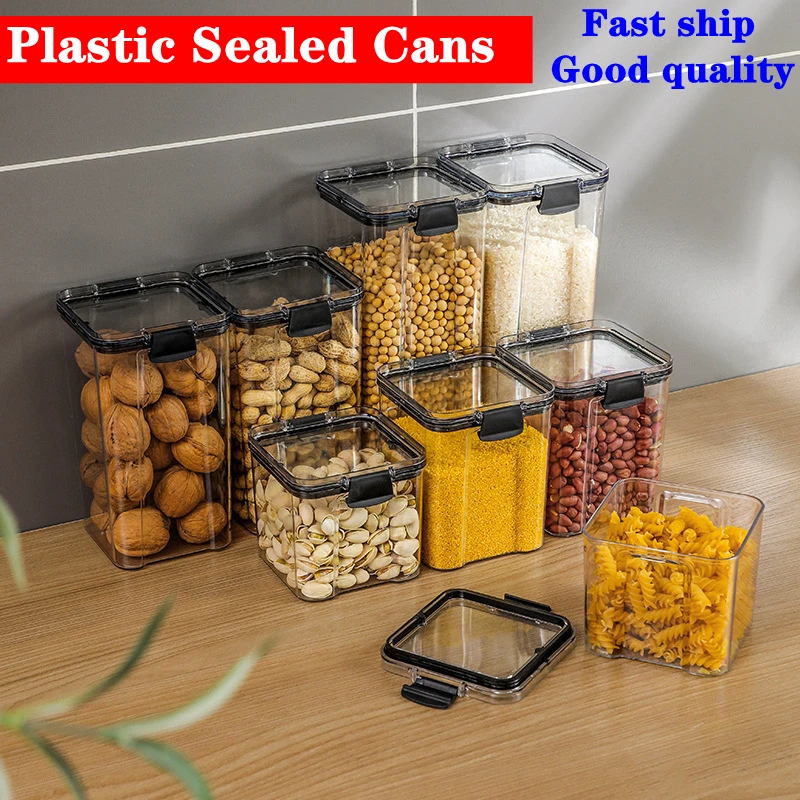 

Plastic Sealed Cans Kitchen Storage Box Transparent Food Canister Keep Fresh New Clear Container Kitchen Accessories Home