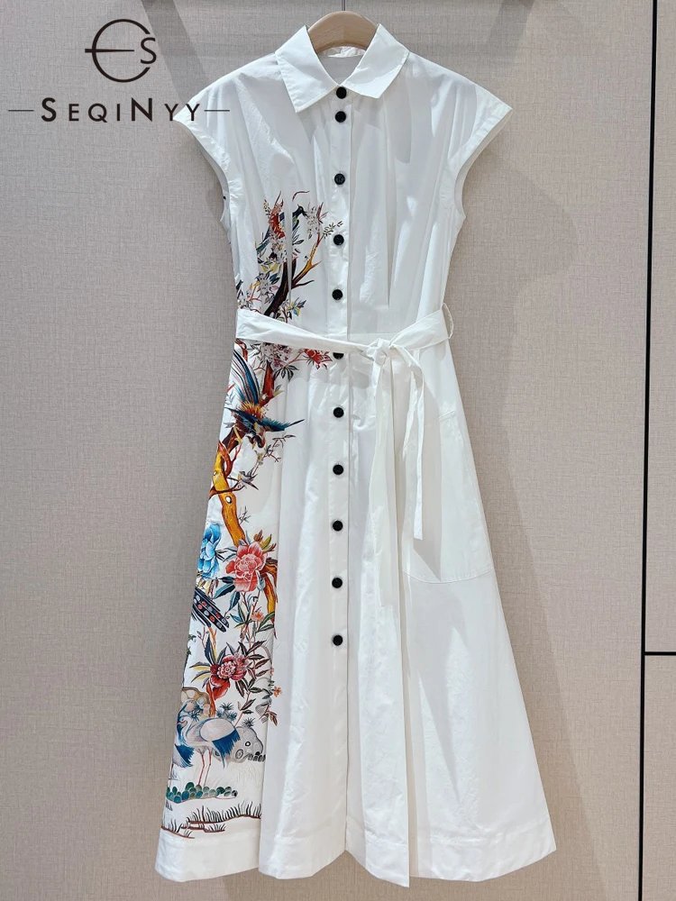 

SEQINYY 100% Cotton Dress Summer Spring New Fashion Design Women Runway High Street Vintage Flowers Bird Print White Elegant