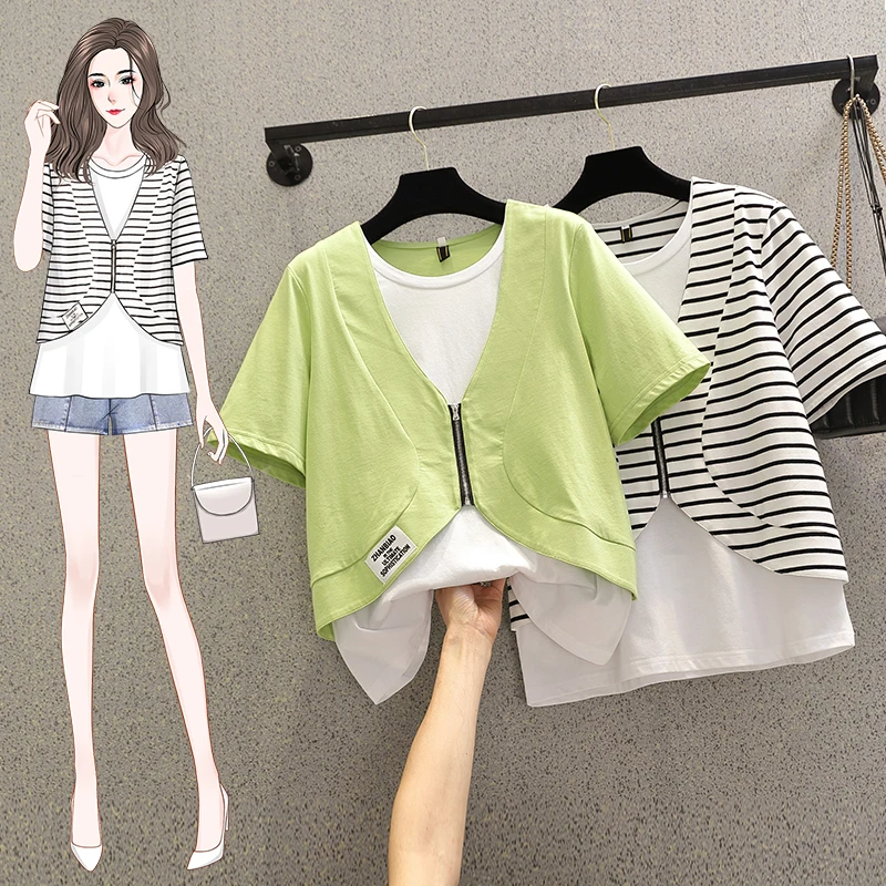 

2022 Модная хлопковая летняя новая Корейская Футболка с имитацией двух частей с коротким рукавом женский свободный топ женская модель