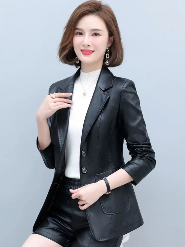 New Women Sheepskin Blazer Spring Autumn Fashion Suit Collar Long Sleeve Slim Waist Leather Jacket Split Leather Short Coat