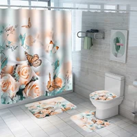 Pink Blue Rose Butterfly Shower Curtain Set Bathroom Set Bathing Screen Anti-slip Toilet Lid Cover Carpet Rugs Home Decor Set