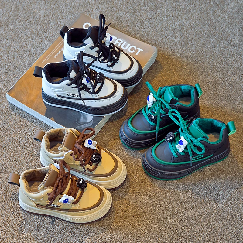 

Children Sneakers Cartoon Winter Fleece Morden Chic Kids Trainers Lace-up Flexiable 23-37 School Trendy Boys Girls Running Shoes