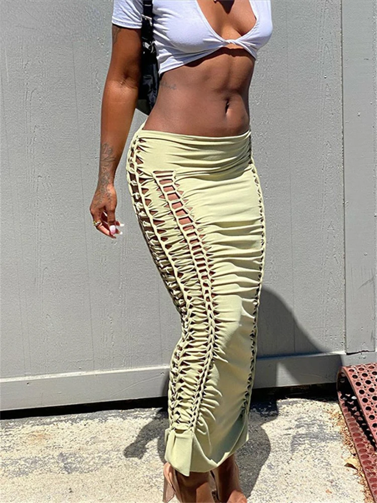 

Summer Solid Color Skirt Hollow Fold Design Elastic Waist Slim Body Buttocks Fashion For Women Commuting Out Of Street