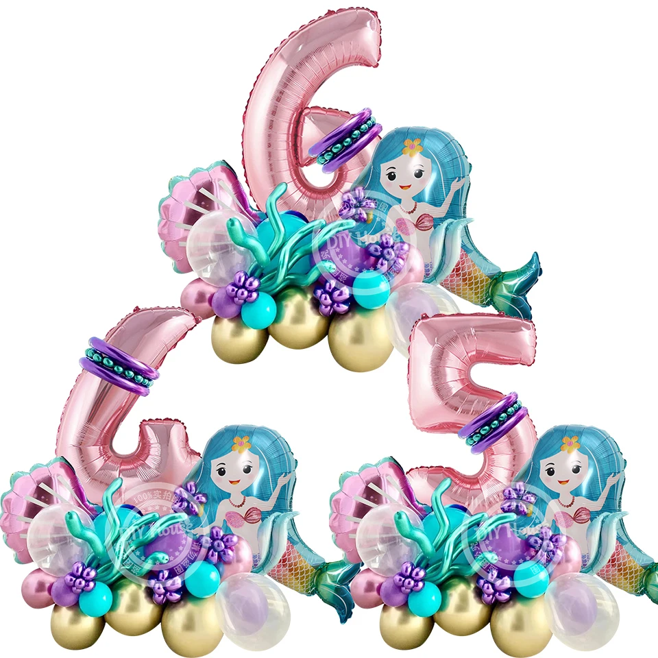 

38pcs Cartoon Mermaid Shell Foil Balloon Tower with 32 inch Number Balloons for Girl's Under The Sea Birthday Party Decorations