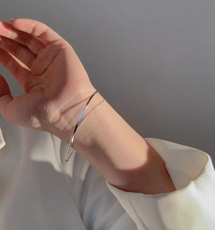 S925 Pure Silver Geometric Double-Layer Cross Bracelet Hand Jewelry Gradually Korean Sle Cold Women's Simple a...