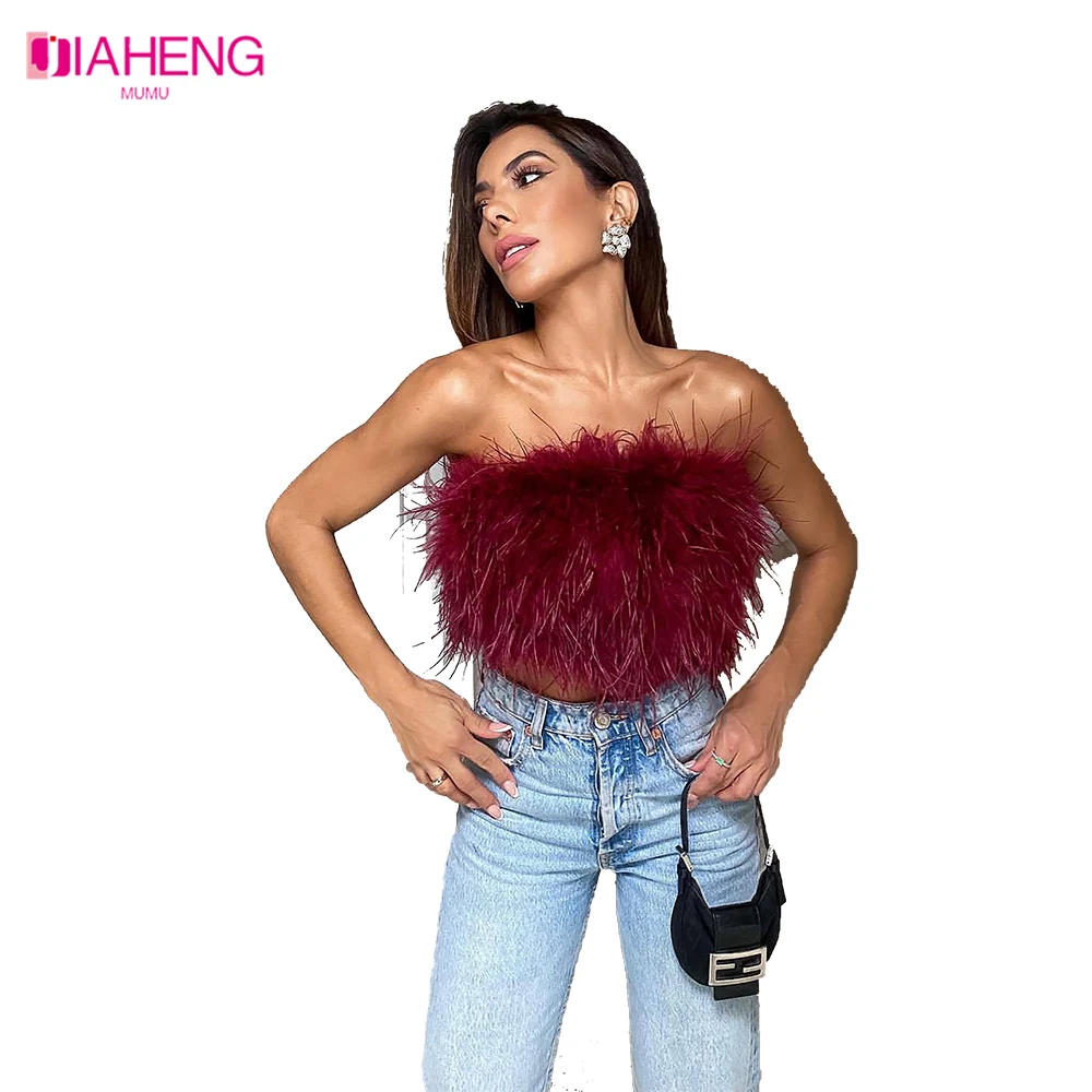 

JIAHENG MUMU Woman Sexy Feather Cropped Tops 2022 Women's Off Shoulder Furry Tube Top Female Summer Elegant Club Zipper Clothes