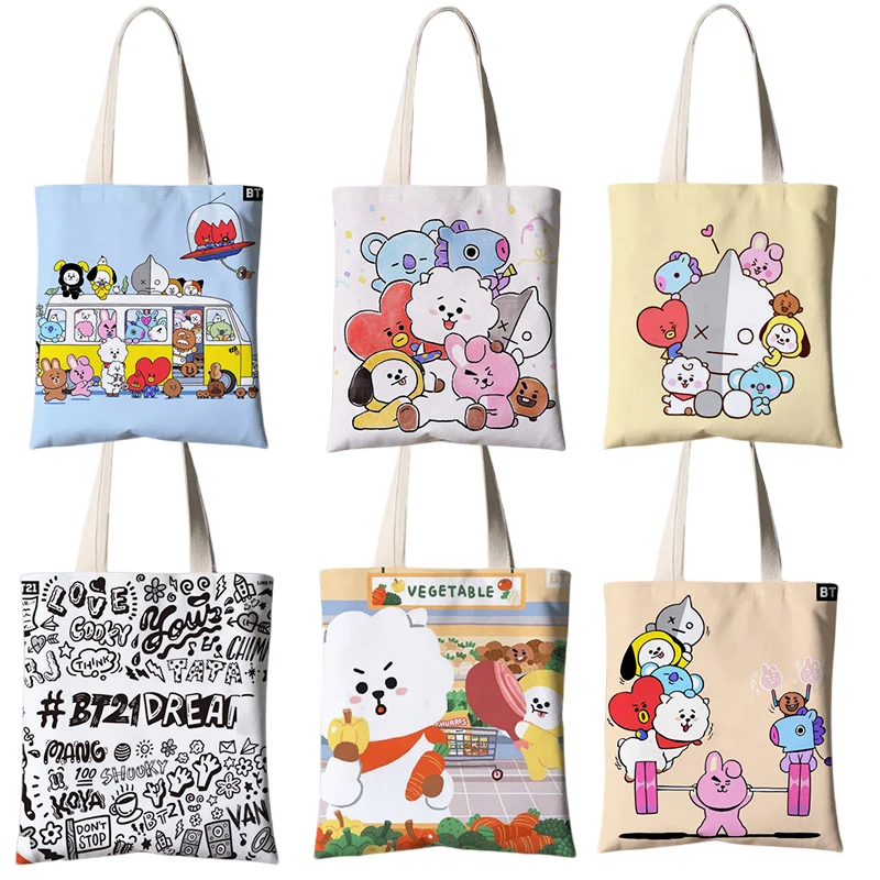 

21 стиль Bt21 горизонтальная Холщовая Сумка с аниме мультяшным принтом Tata Mang Shooky компьютерная Портативная сумка для девочек сумка для покупок