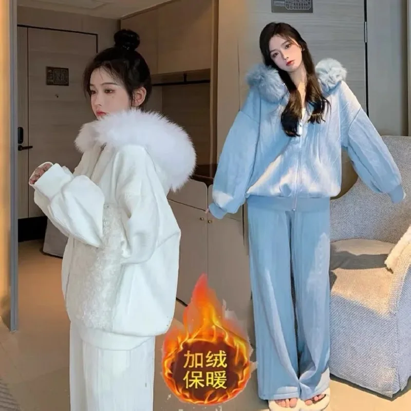 

Женская толстовка с капюшоном и шерстяным воротником, повседневный спортивный костюм, Модный маленький аромат, новинка, весна, осень, комплект из 2 предметов 2023