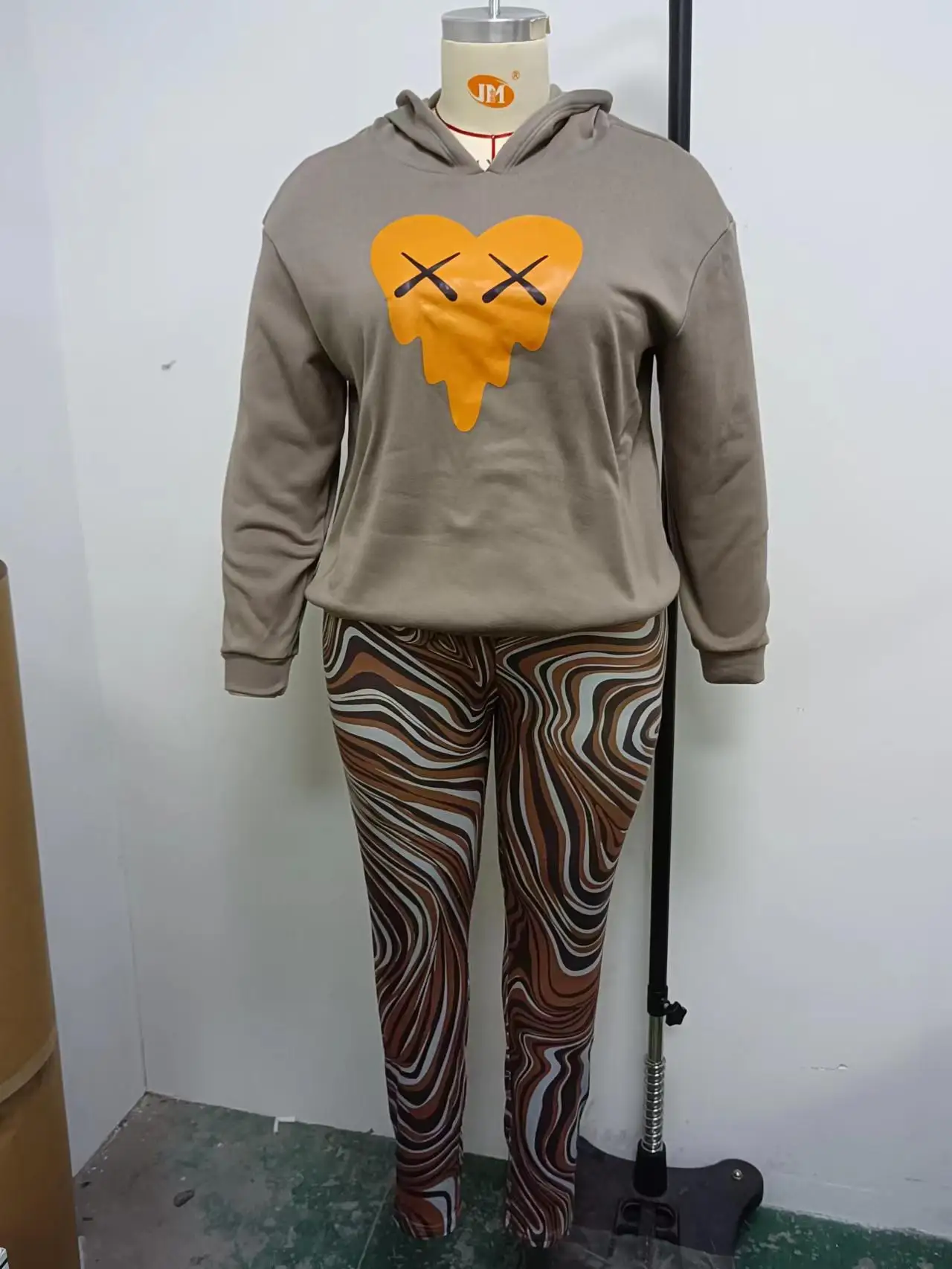Plus Size Women Clothing Hooded Sweater Print Casual Long Sleeve Sweater Ruffle Skinny Pants 2 Piece Sets Womens Outfits Slim