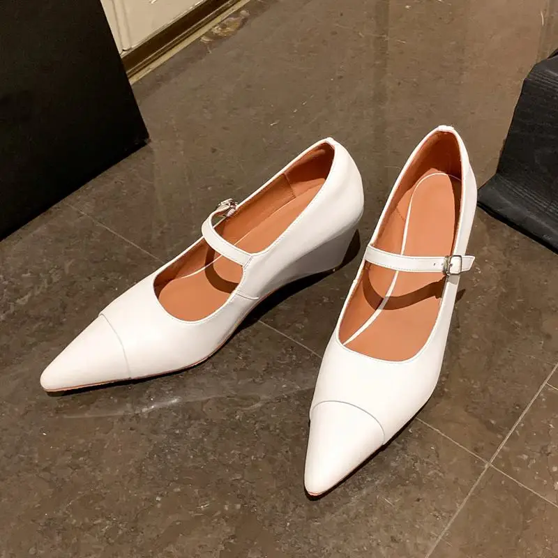2023 New Natural Genuine Leather Women Heels Shoes Pointed Toe Fashion Birthday Party Wedding Shoes Wedges High Heel Shoes