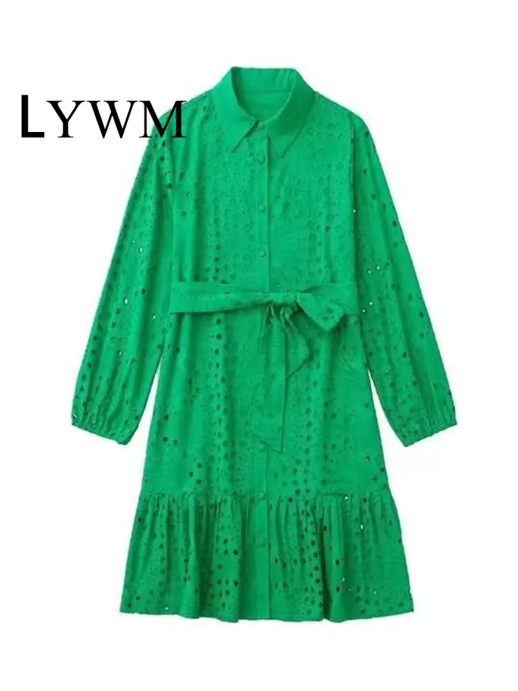 

Женское однотонное платье с поясом LYWM, однобортное мини-платье с вышивкой, винтажное шикарное платье с отложным воротником и длинным рукаво...