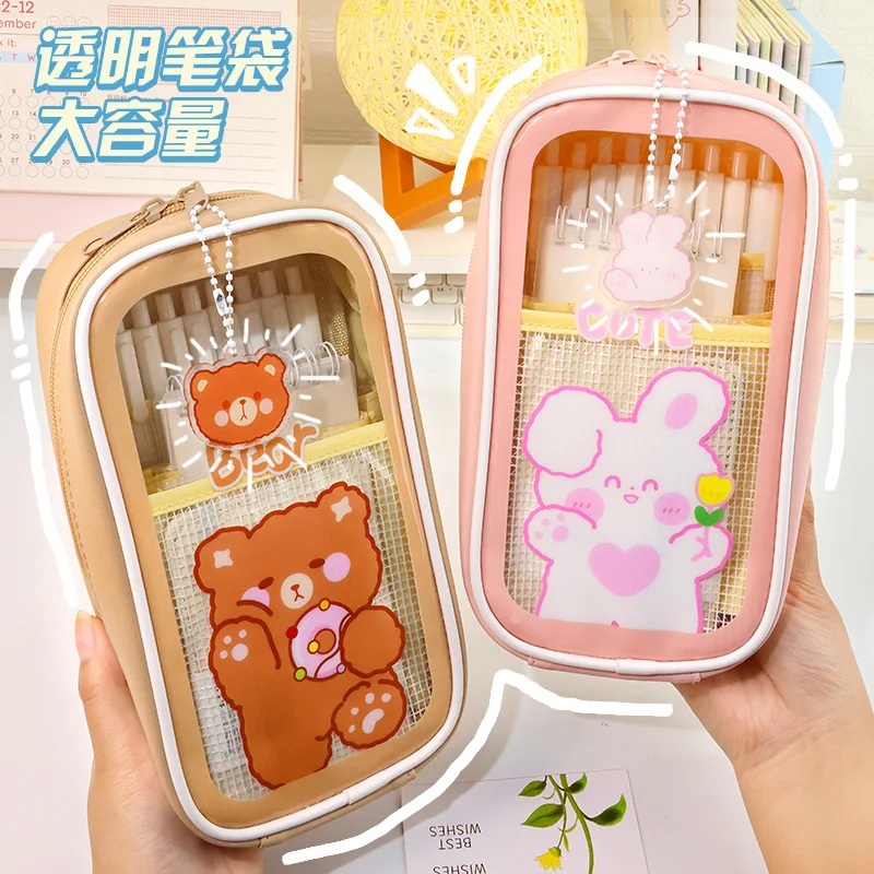 

High Capacity Pencil Bag Bear Rabbit Transparent Pensil Box Cute Korea Stationery School Supplies Eraser Holder Pouch Pen Case A