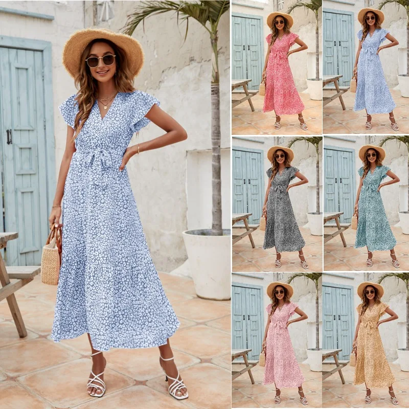 

2022 Women's Flying Sleeve Belted Pleated Hem Short Sleeve Dress