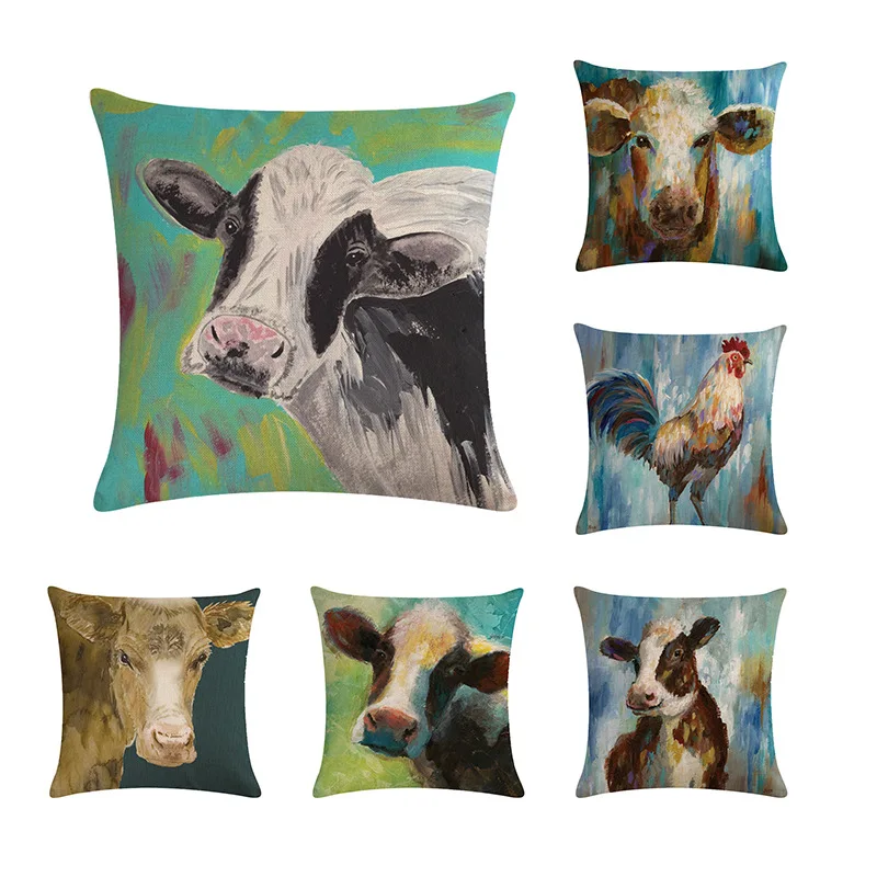 Oil Painting Cushion Cover Cow Rooster 45*45 Decorative Pillows Nordic Home Decor