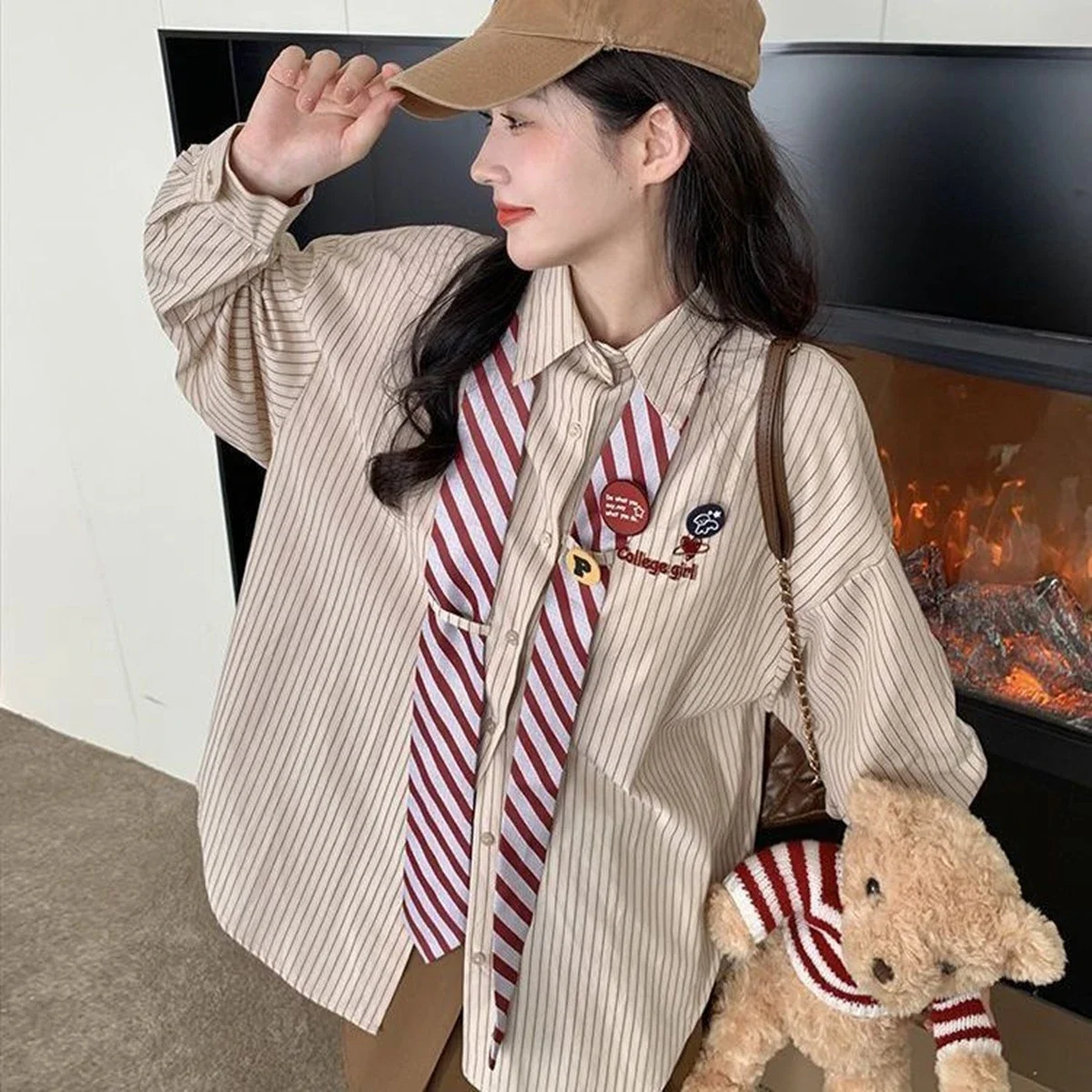 

Striped Shirt Women Autumn New College Style Loose Vintage Student Tops Blouse Upper Garment blusas mujer de moda seda natural