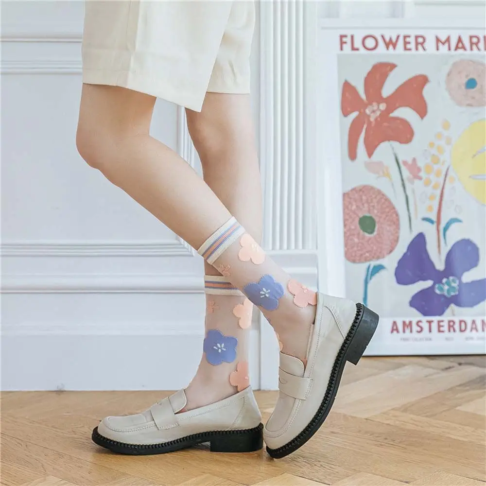

Ультратонкие шелковые носки с бантом и кристаллами, сетчатые корейские весенне-летние носки средней длины, стеклянные шелковые носки, женские носки