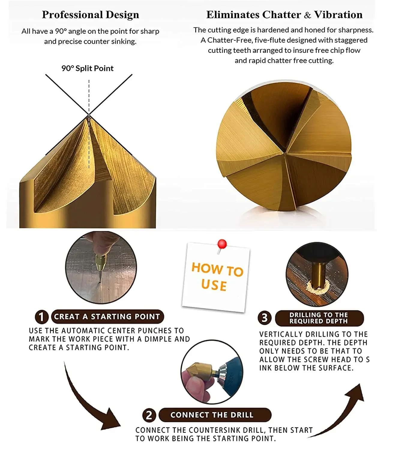 Набор из шести предметов: сверла с зенковкой 1/4 дюйма высокоскоростная сталь ЧПУ