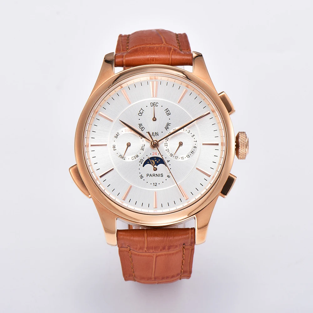 

Fashion Parnis 45mm Rose Gold Case Men Watch Automatic Mechanical Moon Phase Calendar Leather Strap Luxury Watches Gift 2023