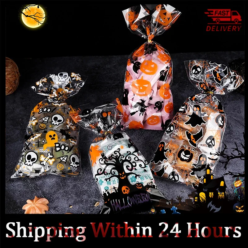 

50Pcs Halloween Candy Bags Plastic with Twists Cookies Snacks Gift Packaging Bag Halloween Party Decor Supplies Trick Or Treat