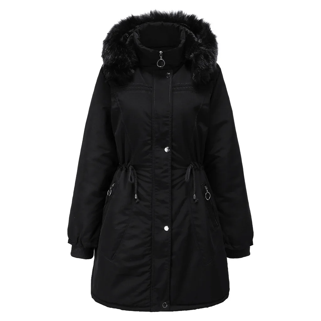 EU Size Red Black With Fur Hat Thick Warm Casual Women's Winter Zip Up Jacket For 2022 Bomber Cargo Coat Padded Oversize Parkas