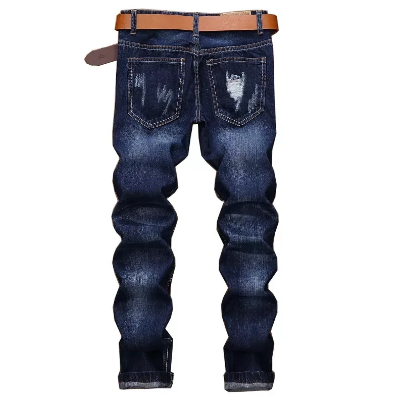 2022New Ripped Distressed Destroyed Straight Fit Washed Denim Jeans Plus Size 40 42 Men Blue Casual Jeans Punk Clothes