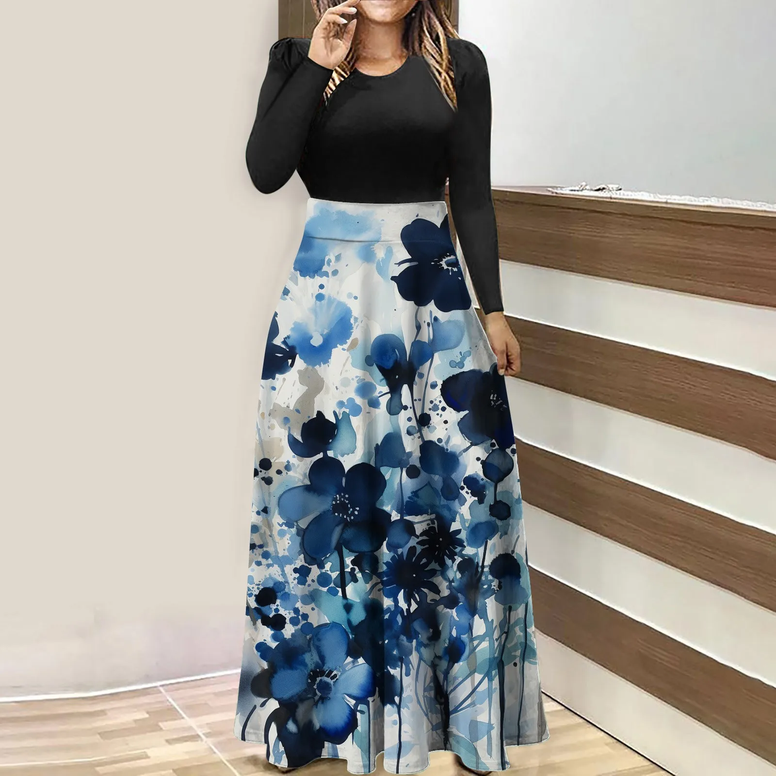 

Элегантное женское длинное платье с цветочным принтом в стиле ретро, лоскутное платье с длинным рукавом и круглым вырезом, лоскутное платье с длинными рукавами