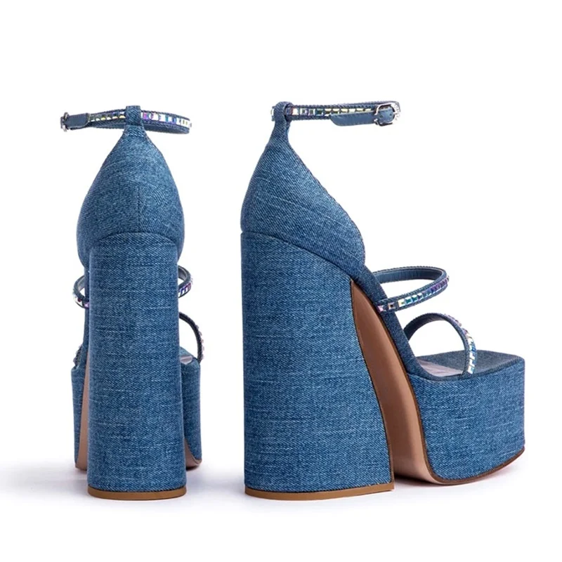 thick high heels fashion blue denim gladiator sandals  ankle strap classic design shoes woman sandals ladies dress party pumps