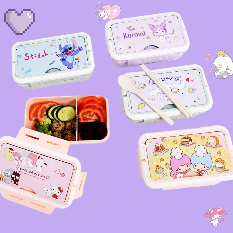 

Sanrioed Lunch Boxs Kawaii Seal Up Kids Bento School Anime Kuromi My Melody Hello Kitty 1100Ml Portable Handle Dinnerware Lovely