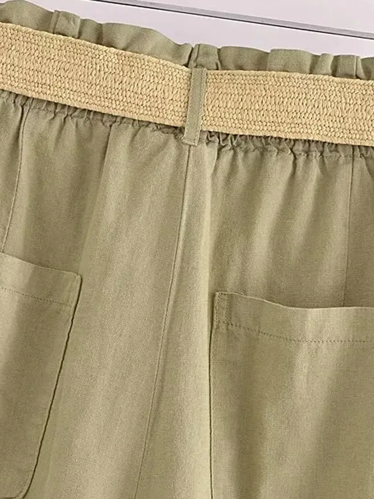 PAILETE Women 2023 fashion with belt bermuda shorts vintage high elastic waist front pockets female short pants mujer