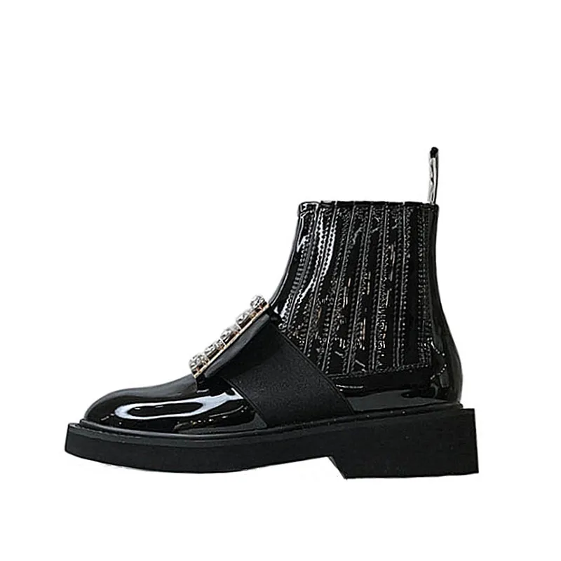 High quality patent leather Chelsea English rhinestone square buckle flat bottom spring and autumn short boots for women