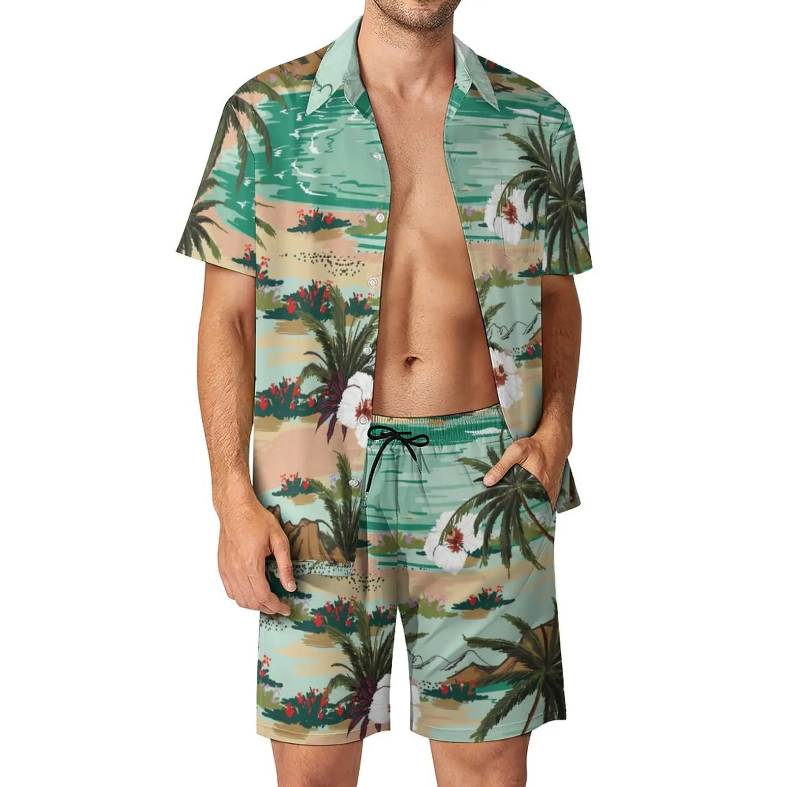

Tropical Palm Tree Vacation Men Sets Beach Print Casual Shirt Set Summer Custom Shorts Two-piece Vintage Suit Plus Size 2XL 3XL