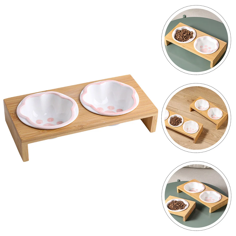 

Cat Bowl Ceramic Reusable Pet Ceramics Lovely Feeding Indoor Supply Bamboo Elevated Bowls