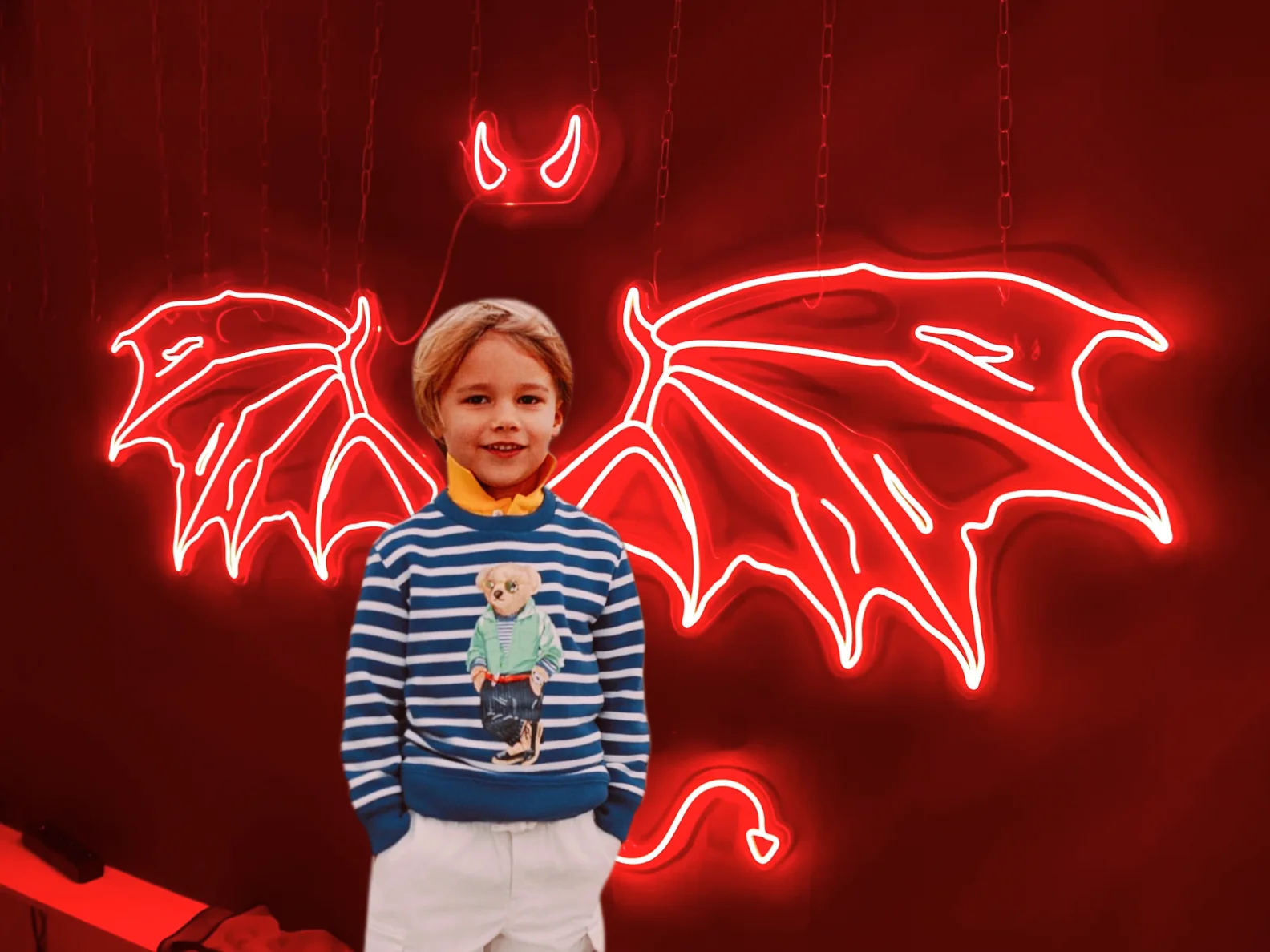 

Devil wings neon sign for cosplay and photo. Halloween angel wings, demon horns and tail. Party decor, photo zone decor, red win