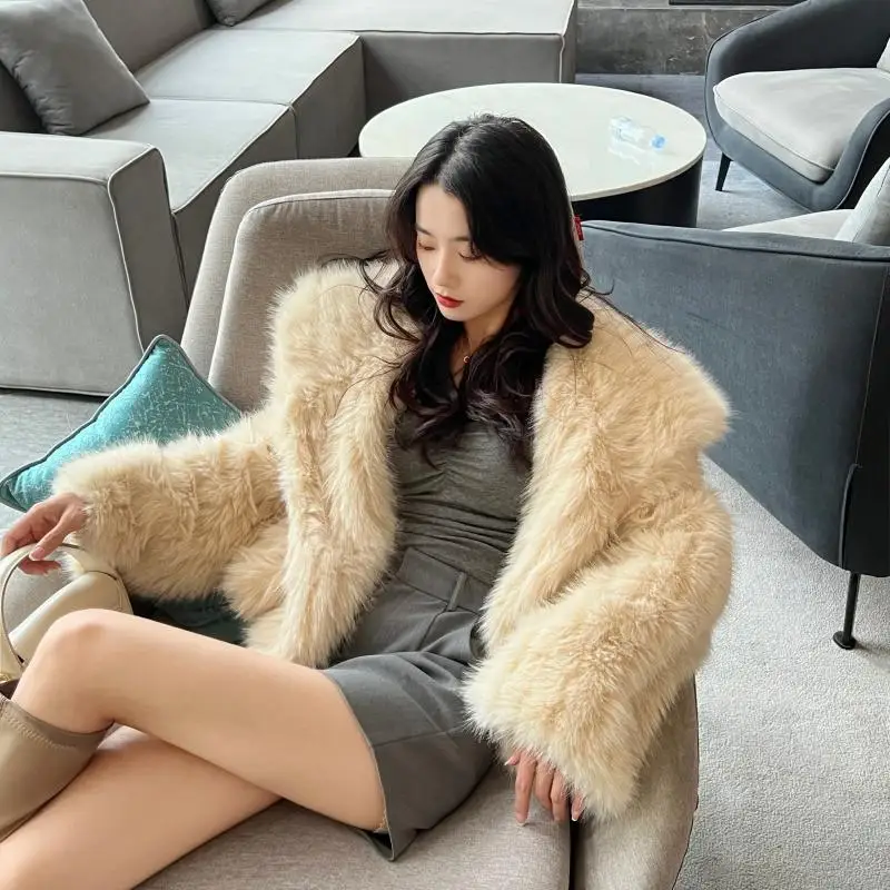 Nagodo Faux Fur Women Coat 2022 Autumn Winter Thicken Warm Slim Short Furry Teddy Coat Navy Collar Fake Fox Fur Overcoat
