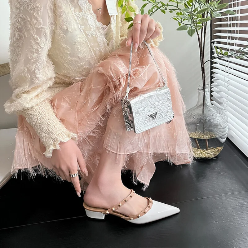 Coarse with Baotou Slippers Female 2023 New Summer Pointed Head Rivets Sandals with A Slip-on Lazy Shoes A2820