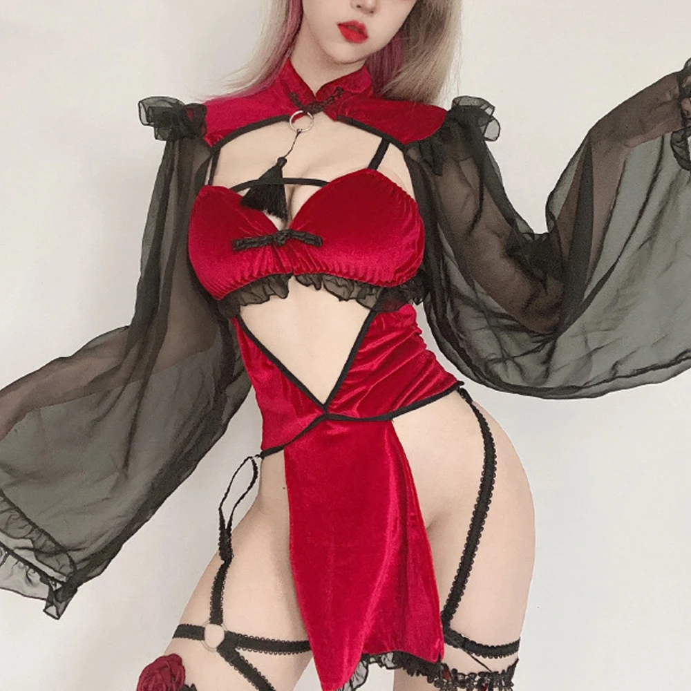

Dark Witch Hollow Puff Sleeve Cheongsam Erotic Costumes Demon Game Dress Sexy Lingerie Uniform Sexy Cosplay Game Costume
