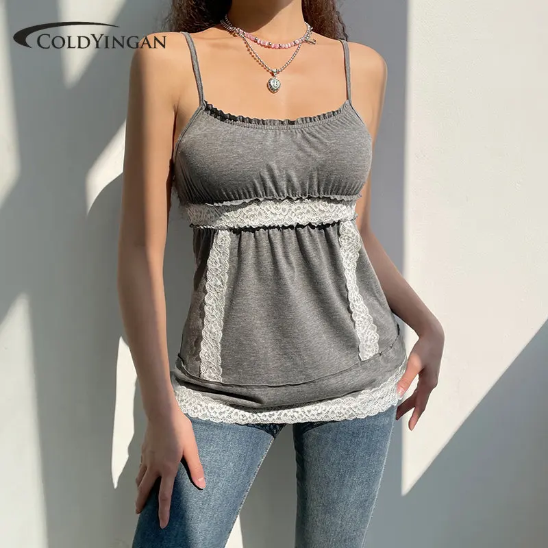 

ColdYingan Y2k Grey Crop Top Lace Frill ONeck Mini Vest Women Retro A-Line Folds Cute Basic Summer Sweats Women Harajuku Tee 90s