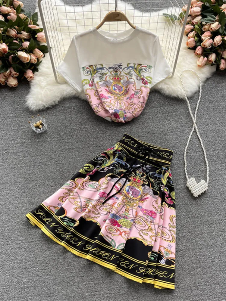 

Summer Fashion Baroque Two Piece Suit Women Short Sleeve Chain Flower Printed Cotton T-Shirts Top Tee+Lace Up Bandage Skirt Set