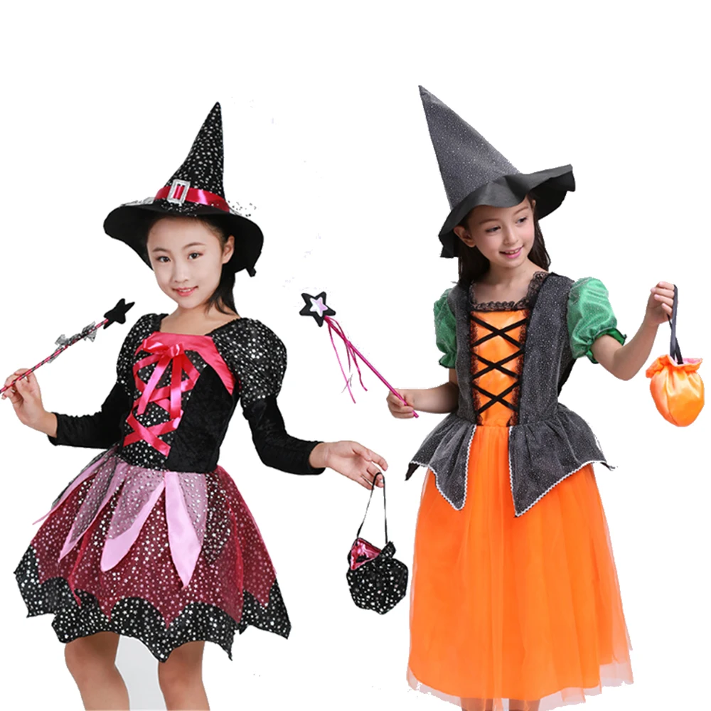 

Toddler Girl Witch Cosplay Costume Kids Short Sleeve Dress with Polka Dot Ribbon Pointed Hat for Halloween Fairytale Party Props