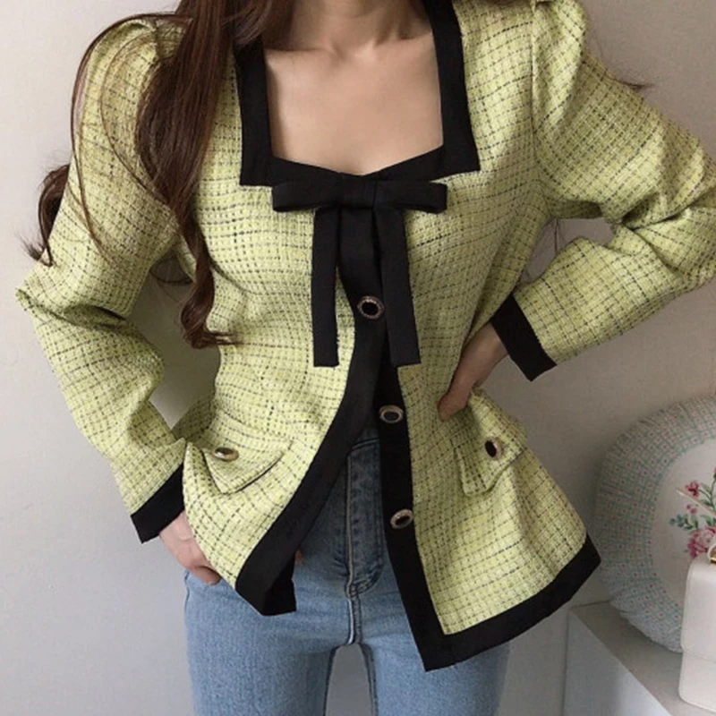 

F GIRLS Korea Chic Square Collar Bowknot Single Breasted Long Sleeve Coat + High Waist A-line Skirt Fashion Hit Color Plaid Set