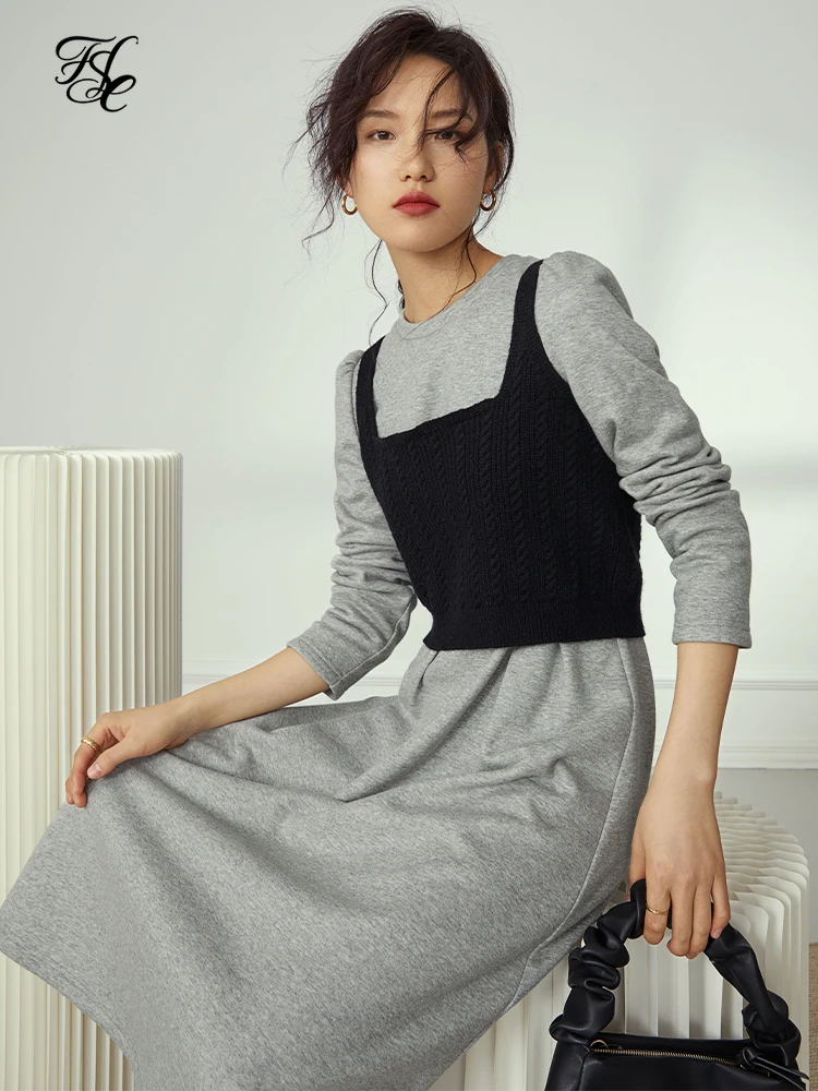 

FANSILANEN Two Piece Set Fleece Long Dress Women Long Sleeve Office Elegant Dress Autumn Winter Vitnage Knitted T Shirt Dress