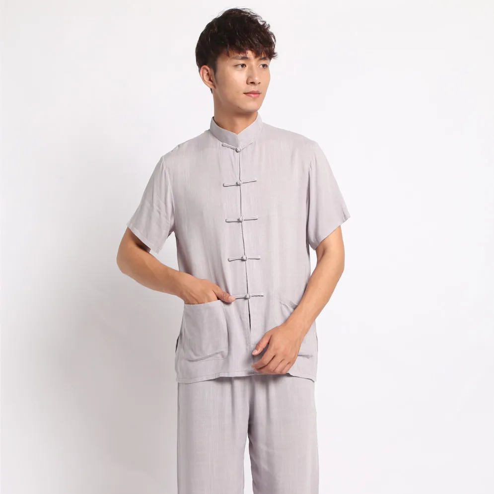 Traditional Mandarin Collar Tang Suit Short Sleeve Male Casual Kong Fu Clothing Vintage Hand Button Tai Chi Shirt&Pants