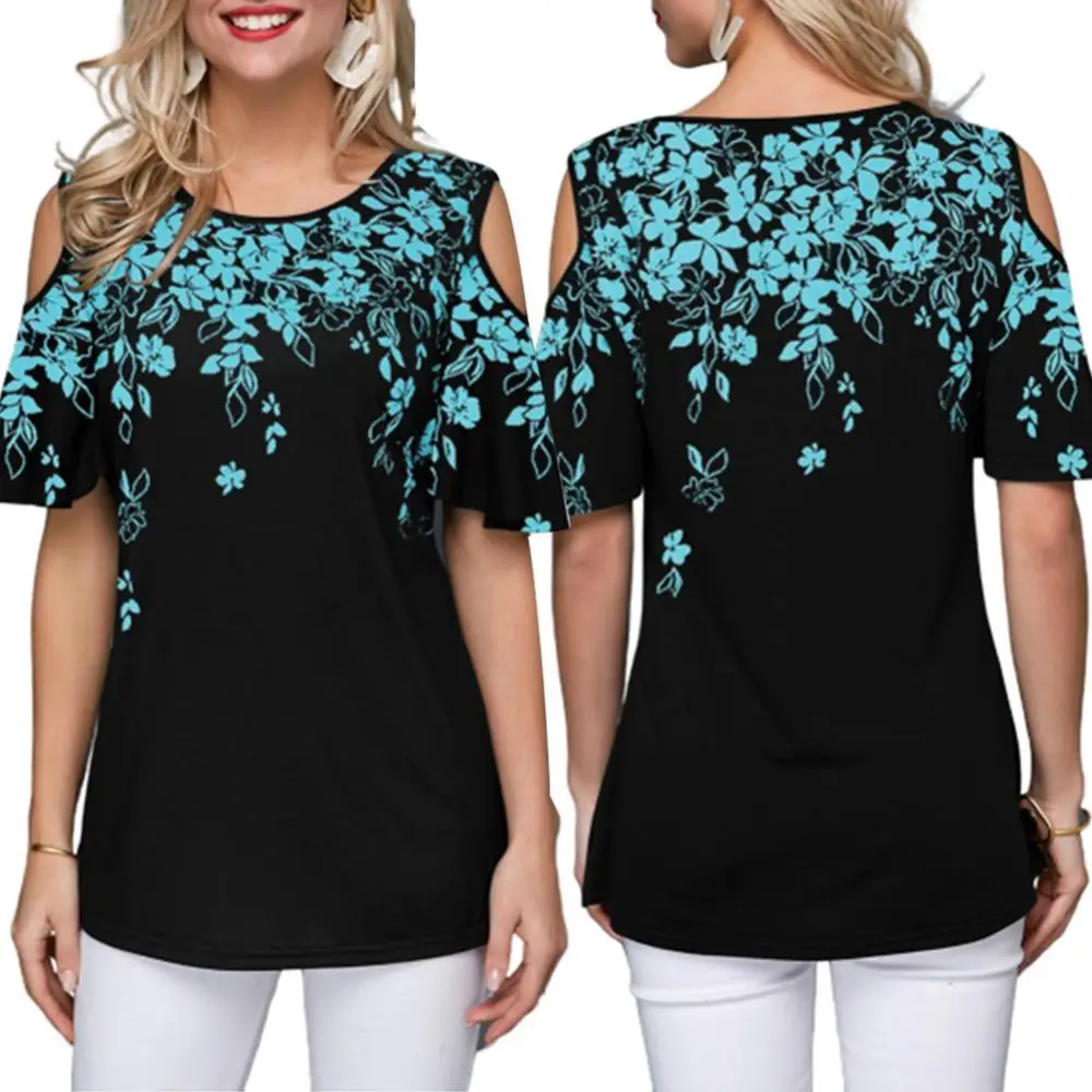 

Women Sexy Short Sleeve O Neck Leaves Floral Print Cold Shoulder Loose T-shirt