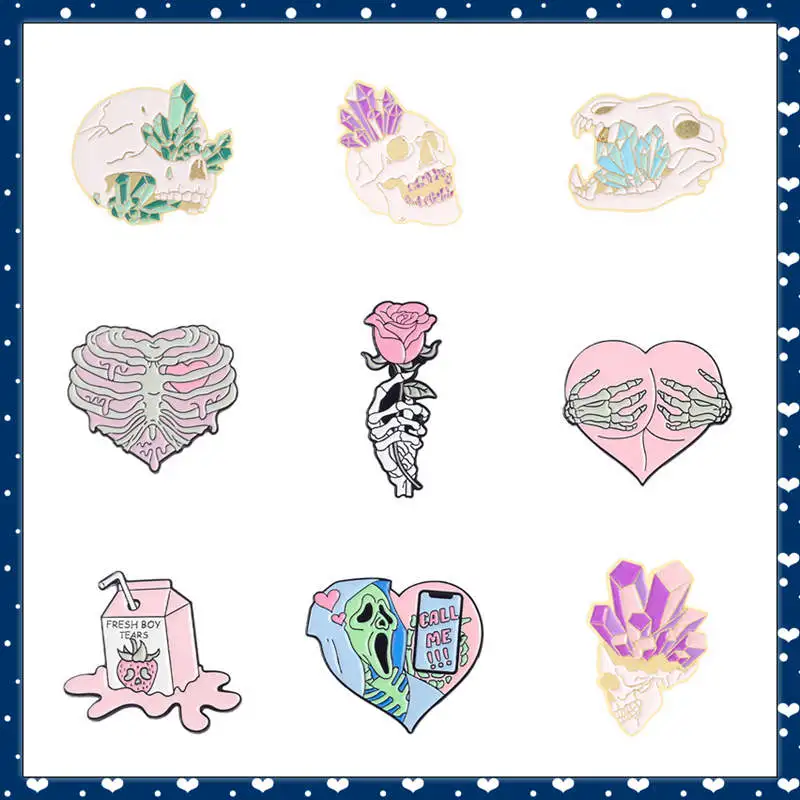 

Sweet Hip Hop Style Enamel Pins Romance Crystal Horror Skull Denim Neo-Gothic Lapel Badges Jewelry Accessories Gifts For Unisex