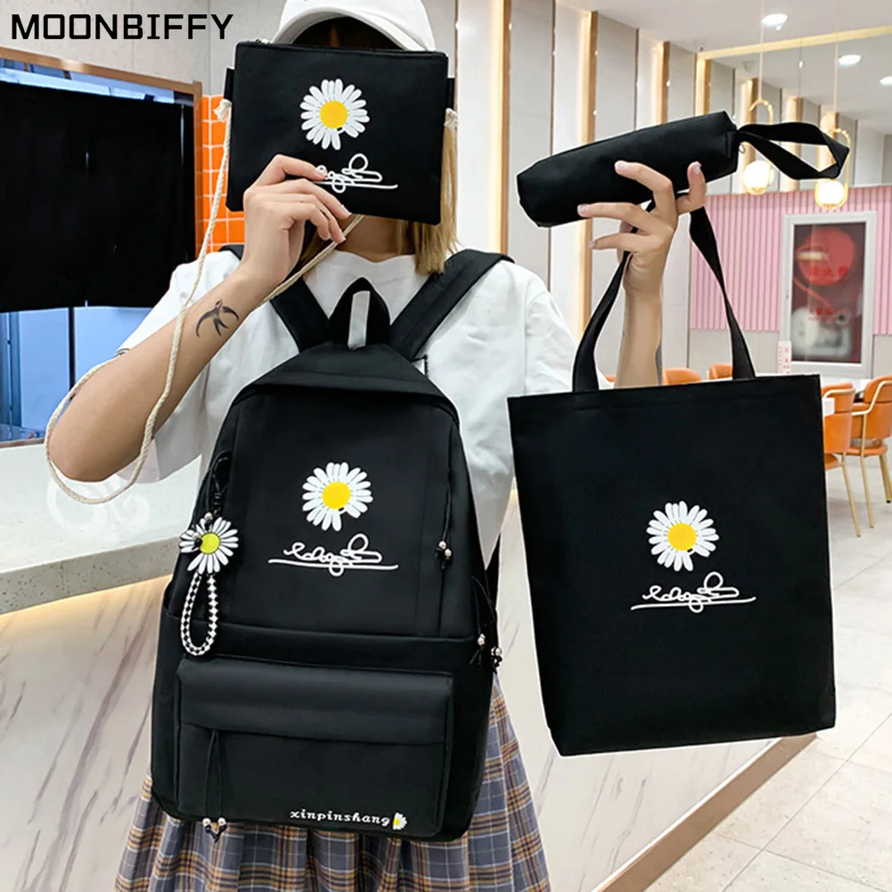 

4pcs/Set Preppy Style Daisy Print Backpacks Canvas School Rucksack Teenager Girls Travel Mochila Shoulder Bags Students Clutches